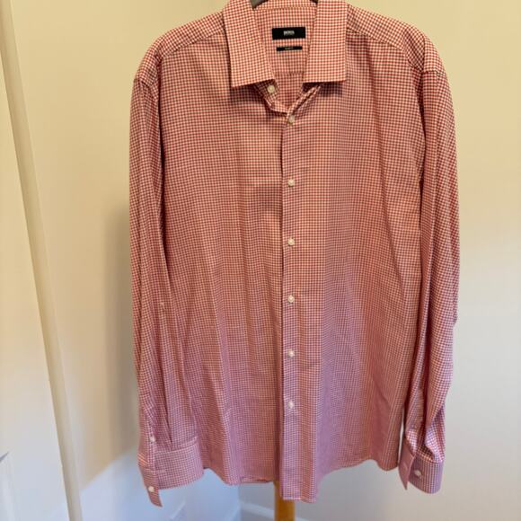 Hugo Boss Printed Dress Shirt Slim Res Checkered Men’s 17 Collared Button Down - Picture 1 of 14
